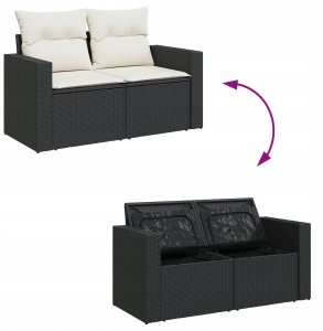 9-częściowy zestaw kanapowy do ogrodu z poduszkami czarny polirattan akacja, 3-częściowy zestaw do jadalni z poduszkami czarny polirattan akacja 8