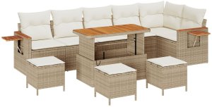 vidaXL Zestaw Sofy Ogrodowej 9 Części z Poduszkami Beżowy Polirattan, Zestaw Sofy Dinerskiej 3 Części z Poduszkami Beżowy Polirattan 2