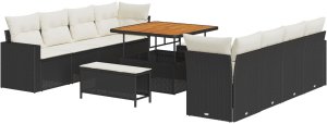 11-elementowy Zestaw Sofy Ogrodowej z Poduszkami Czarny Polirattan Akacja, 3-elementowy Zestaw Stołu Jadalnego Ogrodowego z Poduszkami Czarny Polirattan Akacja 2
