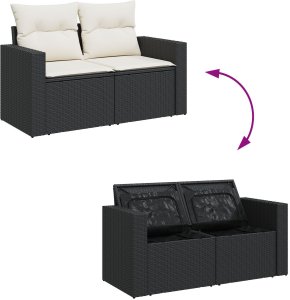 11-elementowy Zestaw Sofy Ogrodowej z Poduszkami Czarny Polirattan Akacja, 3-elementowy Zestaw Stołu Jadalnego Ogrodowego z Poduszkami Czarny Polirattan Akacja 10