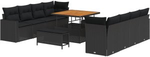 Zestaw ogrodowy 11-częściowy z poduszkami czarny polirattan akacja, Zestaw jadalny 3-częściowy z poduszkami czarny polirattan akacja 2