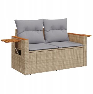 vidaXL Zestaw Sofy Ogrodowej 10-częściowy z Poduszkami Beżowy Poly Rattan Akacja, Zestaw do Jadalni 4-częściowy z Poduszkami Beżowy Poly Rattan Akacja 5