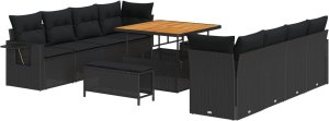 vidaXL Zestaw 11-częściowy sofa ogrodowa z poduszkami czarny polirattan akacjowy, vidaXL 3-częściowy zestaw do jadalni ogrodowej z poduszkami czarny polirattan akacjowy 2