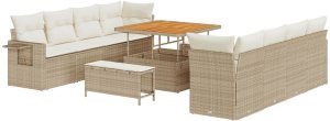 vidaXL Zestaw Sofowy 11-częściowy z Poduszkami Beżowy z Poli Rattan i Akacją, Zestaw jadalniany 3-częściowy z Poduszkami Beżowy z Poli Rattan i Akacją 2