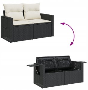 Zestaw 9-częściowy sof ogrodowych z poduszkami Czarne Polirattan Akacja, Zestaw 3-częściowy mebli do jadalni ogrodowej z poduszkami Czarne Polirattan Akacja 11