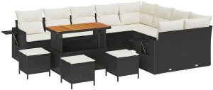 Zestaw kanap ogrodowych vidaXL z 12 elementami i poduszkami czarny z polirattanu akacji, Zestaw jadalny vidaXL z 3 elementami z poduszkami czarny z polirattanu akacji 2