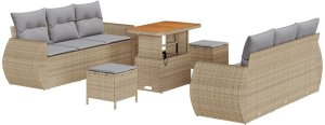vidaXL Zestaw Sofowy 9-częściowy z Poduszkami Beżowy Polirattan Akacja, Zestaw Jadalny 3-częściowy z Poduszkami Beżowy Polirattan Akacja 2