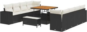 vidaXL 11 Elementowy Zestaw Sof Ogrodowych z Poduszkami Czarny Poli Rattan Akacja, vidaXL 3 Elementowy Zestaw Jadalniany Ogrodowy z Poduszkami Czarny Poli Rattan Akacja 2