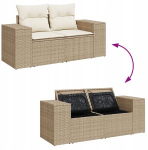 vidaXL 11 Elementowy Zestaw Sofy Ogrodowej z Poduszkami Beżowy Poli Rattan Akacja, vidaXL 3 Elementowy Zestaw Do Jadalni z Poduszkami Beżowy Poli Rattan Akacja 11