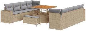 vidaXL Zestaw sofy ogrodowej 11 częściowy z poduszkami Beżowy Poli Rattan Akacja, vidaXL Zestaw obiadowy ogrodowy 3 częściowy z poduszkami Beżowy Poli Rattan Akacja 2