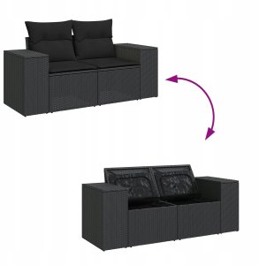 vidaXL 11-częściowy zestaw sofy ogrodowej z poduszkami Czarny Poli Rattan Akacja, 3-częściowy zestaw obiadowy ogrodowy z poduszkami Czarny Poli Rattan Akacja 11