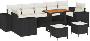 vidaXL Zestaw 10-częściowy z sofą ogrodową i poduszkami Czarny Polirattan Akacja, Zestaw 3-częściowy do obiadu ogrodowego z poduszkami Czarny Polirattan Akacja 2