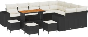 vidaXL Zestaw Sof Ogrodowych 12 Elementów z Poduszkami Czarny Poli Rattan Akacja, Zestaw Diningowy 3 Elementowy z Poduszkami Czarny Poli Rattan Akacja 2