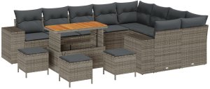 Zestaw Sofowy Ogród 12-częściowy z Poduszkami Szary Polirattan Akacja, Zestaw 3-częściowy Sofy Ogrodowej z Poduszkami Szary Polirattan Akacja 2