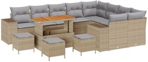 vidaXL 12-częściowy zestaw sof ogrodowych z poduszkami beż polirattan akacja, 3-częściowy zestaw jadalny z poduszkami beż polirattan akacja 2