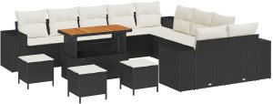 vidaXL 13-częściowy zestaw sof ogrodowych z poduszkami czarny polirattan akacja, 3-częściowy zestaw obiadowy z poduszkami czarny polirattan akacja 2