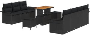 vidaXL 10-elementowy zestaw sofy ogrodowej z poduszkami czarnym polirattanem akacjowym, Sofa ogrodowa 2-osobowa z miejscem na przechowywanie i poduszkami czarnym polirattanem, 3-elementowy zestaw obiadowy ogrodowy z poduszkami czarnym polira 2