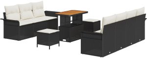 vidaXL Zestaw Sofy Ogrodowej 10 Elementów z Poduszkami Czarny Poli Rattan Akacja, Sofa Ogrodowa 2-osobowa z Przechowalnią i Poduszkami Czarny Poli Rattan, Zestaw Stołu i Sofy Ogrodowej 3 Elementy z Poduszkami Czarny Poli Rattan Akacja 2