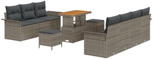 vidaXL 10-częściowy zestaw sof ogrodowych z poduszkami szary polirattan akacja, 2-osobowa sofa ogrodowa z przechowalnią i poduszkami szary polirattan, 3-częściowy zestaw do jadalni na świeżym powietrzu z poduszkami szary polirattan ak 2