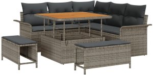 8-częściowy zestaw sof ogrodowych z poduszkami Szary Polirattan Akacja, Sofa ogrodowa dla 2 osób z schowkiem i poduszkami Szary Polirattan, 3-częściowy zestaw jadalniany ogrodowy z poduszkami Szary Polirattan Akacja 2