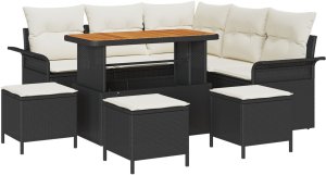 vidaXL 8-częściowy Zestaw Sof Ogrodowych z Poduszkami Czarny Poli Rattan Akacja, 2-osobowa Sofa Ogrodowa z Przechowalnią i Poduszkami Czarny Poli Rattan, 3-częściowy Zestaw Jadalny Ogrodowy z Poduszkami Czarny Poli Rattan Akacja 2