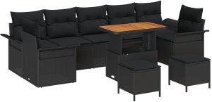 vidaXL 10-częściowy zestaw sof ogrodowych z poduszkami czarny polirattan akacja, 2-osobowa sofa ogrodowa z przechowalnią i poduszkami czarny polirattan, 3-częściowy zestaw obiadowy ogrodowy z poduszkami czarny polirattan akacja 2
