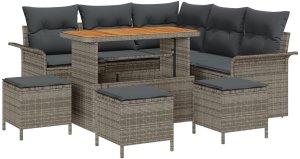 Zestaw sof ogrodowych vidaXL 8 części z poduszkami szary polirattan akacja, Sofa ogrodowa vidaXL 2-osobowa z miejscem na przechowywanie i poduszkami szara polirattan, Zestaw do jedzenia ogrodowego vidaXL 3 części z poduszkami szary polirattan akacja 2
