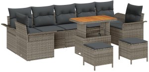 vidaXL 10-elementowy zestaw sof ogrodowych z poduszkami szary polirattan akacja, sofa ogrodowa 2-osobowa z miejscem na przechowywanie i poduszkami szary polirattan, 3-elementowy zestaw do jadalni ogrodowej z poduszkami szary polirattan akacj 2
