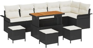 vidaXL Zestaw 9-elementowy sof ogrodowych z poduszkami Czarny Rattan Polakowanie, Sofa ogrodowa 2-osobowa z miejscem na przechowywanie i poduszkami Czarny Rattan Polakowanie, Zestaw 3-elementowy do ogrodu z poduszkami Czarny Rattan Polakowanie 2