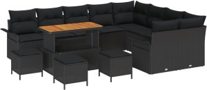 vidaXL Zestaw Sofy Ogrodowej 12 Elementów z Poduszkami Czarny Polirattan Akacja, Zestaw Sofy Ogrodowej dla 2 osób z Przechowalnią i Poduszkami Czarny Polirattan, Zestaw Jadalny Ogrodowy 3 Elementy z Poduszkami Czarny Polirattan Akacja 2