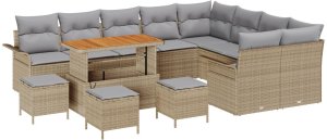 Zestaw 12-elementowy sof ogrodowych z poduszkami Beżowy Rattan Akacja, Dwustronna sofa ogrodowa z miejscem na przechowywanie i poduszkami Beżowy Rattan, 3-elementowy ogrodowy zestaw obiadowy z poduszkami Beżowy Rattan Akacja 2