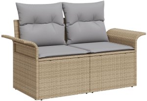Zestaw 12-elementowy sof ogrodowych z poduszkami Beżowy Rattan Akacja, Dwustronna sofa ogrodowa z miejscem na przechowywanie i poduszkami Beżowy Rattan, 3-elementowy ogrodowy zestaw obiadowy z poduszkami Beżowy Rattan Akacja 6