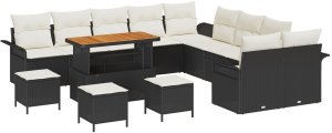 vidaXL 13-elementowy zestaw sof ogrodowych z poduszkami czarny polirattan akacja, vidaXL 2-osobowa sofa ogrodowa z schowkiem i poduszkami czarny polirattan, vidaXL 3-elementowy zestaw do jadalni ogrodowej z poduszkami czarny polirattan akacja 2