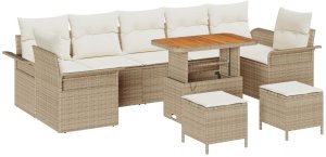 vidaXL Zestaw sof ogrodowych 10 elementów z poduszkami, beżowy, polirattan, akacja, Sofa ogrodowa 2-osobowa z szufladą i poduszkami, beżowy, polirattan, Zestaw jadalny ogrodowy 3-elementowy z poduszkami, beżowy, polirattan, akacja 2