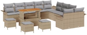 vidaXL 14-częściowy zestaw sof ogrodowych z poduszkami Beżowy Rattan Akacja, 2-osobowa kanapa ogrodowa ze schowkiem i poduszkami Beżowy Rattan, 4-częściowy zestaw do jedzenia na świeżym powietrzu z poduszkami Beżowy Rattan Akacja 2