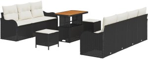 vidaXL 10-częściowy Zestaw Sofy Ogrodowej z Poduszkami Czarny Polirattan Akacja, 2-osobowa Sofa Ogrodowa z Przechowalnią i Poduszkami Czarny Polirattan, 3-częściowy Zestaw Do Jadalni Ogrodowej z Poduszkami Czarny Polirattan Akacja 2