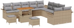 vidaXL 13-częściowy Zestaw Sofy Ogrodowej z Poduszkami Beżowy Poli Rattan Akacja, 2-osobowa Sofa Ogrodowa z Przechowalnią i Poduszkami Beżowy Poli Rattan, 3-częściowy Zestaw Jadalny do Ogrodu z Poduszkami Beżowy Poli Rattan Akacja 2