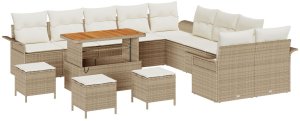 vidaXL 13-częściowy zestaw sof ogrodowych z poduszkami Beżowy Rattan Akacja, vidaXL 2-osobowa sofa ogrodowa z miejscem do przechowywania i poduszkami Beżowy Rattan, vidaXL 3-częściowy zestaw do jadalni ogrodowej z poduszkami Beżowy Rattan Akacja 2