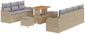 vidaXL Zestaw sof ogrodowych 10-częściowy z poduszkami Beżowy Polirattan Akacja, Zestaw 2-osobowy z miejscem do przechowywania i poduszkami Beżowy Polirattan, Zestaw do jadalni ogrodowej 3-elementowy z poduszkami Beżowy Polirattan Akacj 2