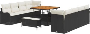 Zestaw 11-częściowy sofy ogrodowej z poduszkami czarny polirattan akacja, 2-osobowa sofa ogrodowa z miejscem do przechowywania i poduszkami czarny polirattan, Zestaw do jadalni ogrodowej 3-częściowy z poduszkami czarny polirattan akacja 2