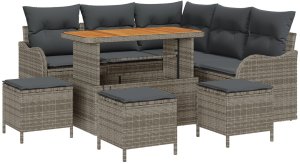vidaXL Zestaw sofy ogrodowej z 9 elementami i poduszkami w szarym polirattanowym akacji, Sofa ogrodowa dla 2 osób z miejscem na przechowywanie i poduszkami w szarym polirattanowym, Zestaw jadalniany ogrodowy z 4 elementami i poduszkami w sz 2