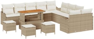 Zestaw 13-częściowy sof ogrodowych z poduszkami Beżowy Polirattan Akacja, Sofa 2-osobowa ogrodowa z pojemnikiem i poduszkami Beżowy Polirattan, Zestaw jadalniany 3-częściowy ogrodowy z poduszkami Beżowy Polirattan Akacja 2