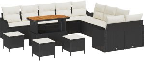vidaXL Zestaw 13-elementowy kanap ogrodowych z poduszkami Czarny Polirattan Akacja, 2-osobowa sofa ogrodowa z miejscem na przechowywanie i poduszkami Czarny Polirattan, 3-elementowy zestaw do jadalni z poduszkami Czarny Polirattan Akacja 2