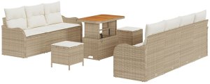 vidaXL Zestaw Sofy Ogrodowej 10 Części z Poduszkami Beżowy Poli Rattan Akacja, Sofa Ogrodowa 2-osobowa z Przechowalnią i Poduszkami Beżowy Poli Rattan, Zestaw Jadalny Ogrodowy 3 Części z Poduszkami Beżowy Poli Rattan Akacja 2