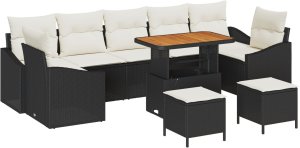 Zestaw Sofy Ogrodowej vidaXL w 10 Części z Poduszkami Czarny Polirattan Akacja, 2-osobowa Sofa Ogrodowa vidaXL z Przechowalnią i Poduszkami Czarny Polirattan, Zestaw Jadalny Ogrodowy vidaXL w 3 Części z Poduszkami Czarny Polirattan Akacja 2