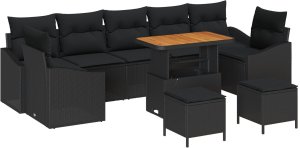 10-elementowy zestaw sof ogrodowych vidaXL z poduszkami czarny polirattan akacja, Sofa ogrodowa 2-osobowa vidaXL z miejscem na przechowywanie i poduszkami czarny polirattan, 3-elementowy zestaw jadalny vidaXL z poduszkami czarny polirattan akacja 2