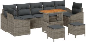 Zestaw 10-częściowy sofy ogrodowej z poduszkami szary polirattan akacja, 2-osobowa sofa ogrodowa z miejscem na przechowywanie i poduszkami szary polirattan, 3-częściowy zestaw obiadowy ogrodowy z poduszkami szary polirattan akacja 2