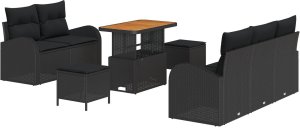 vidaXL Zestaw sofy ogrodowej 8-częściowy z poduszkami Czarny Polirattan Akacja, Sofa ogrodowa dla 2 osób z schowkiem i poduszkami Czarny Polirattan, Zestaw jadalniany dla 3 osób z poduszkami Czarny Polirattan Akacja 2