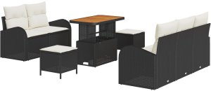 vidaXL Zestaw 8-częściowych sof ogrodowych z poduszkami czarny polirattan akacja, 2-osobowa sofa ogrodowa z miejscem do przechowywania i poduszkami czarny polirattan, 3-częściowy zestaw jadalny ogrodowy z poduszkami czarny polirattan aka 2