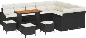Zestaw sofa ogrodowa 12-elementowy z poduszkami czarny polirattan akacjowy, Sofa ogrodowa 2-osobowa z miejscem na przechowanie i poduszkami czarny polirattan, Zestaw do jedzenia w ogrodzie 3-elementowy z poduszkami czarny polirattan akacjowy 2